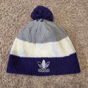 EUC Adidas purple white and grey Northwestern University pom pom hat OS